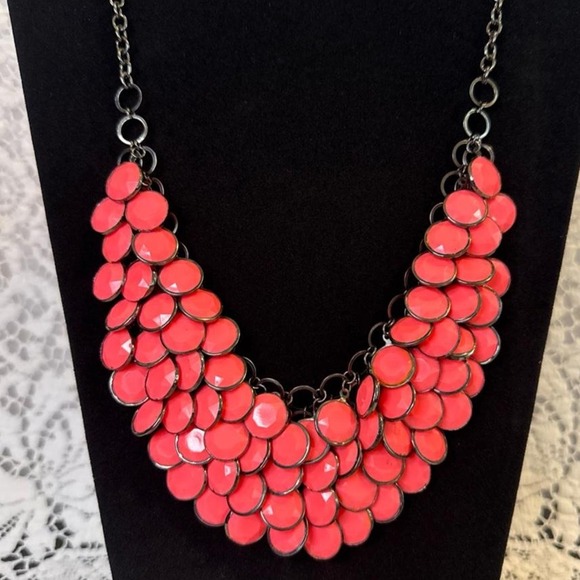 Array Jewelry - Bright Pink / Coral & Black Multi- Layer Round Bead Bib Necklace 20in